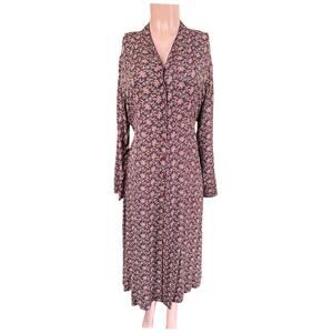 April Cornell Vintage Maroon Floral Modest Long Sleeve Button Down Dress Small